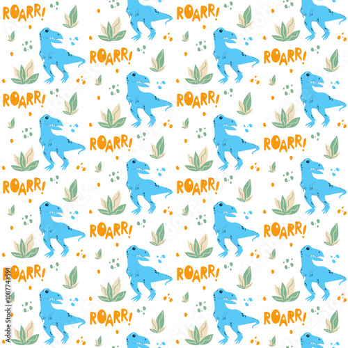 Vector seamless pattern with cute dino, dinosaur T Rex, Tyrannosaurus, abstract children background with ROAR text and bushes, grass
