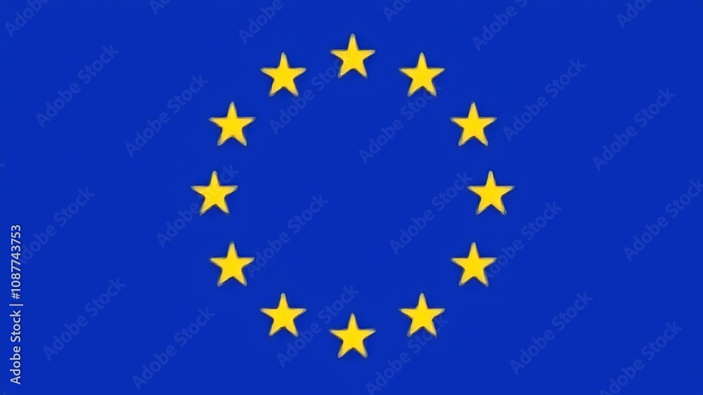 The official European Union flag features a blue background with 12 gold stars arranged in a circular shape forming the emblem of unity. The official European Union flag features a blue background with 12 gold stars arranged in a circular shape forming the emblem of unity.