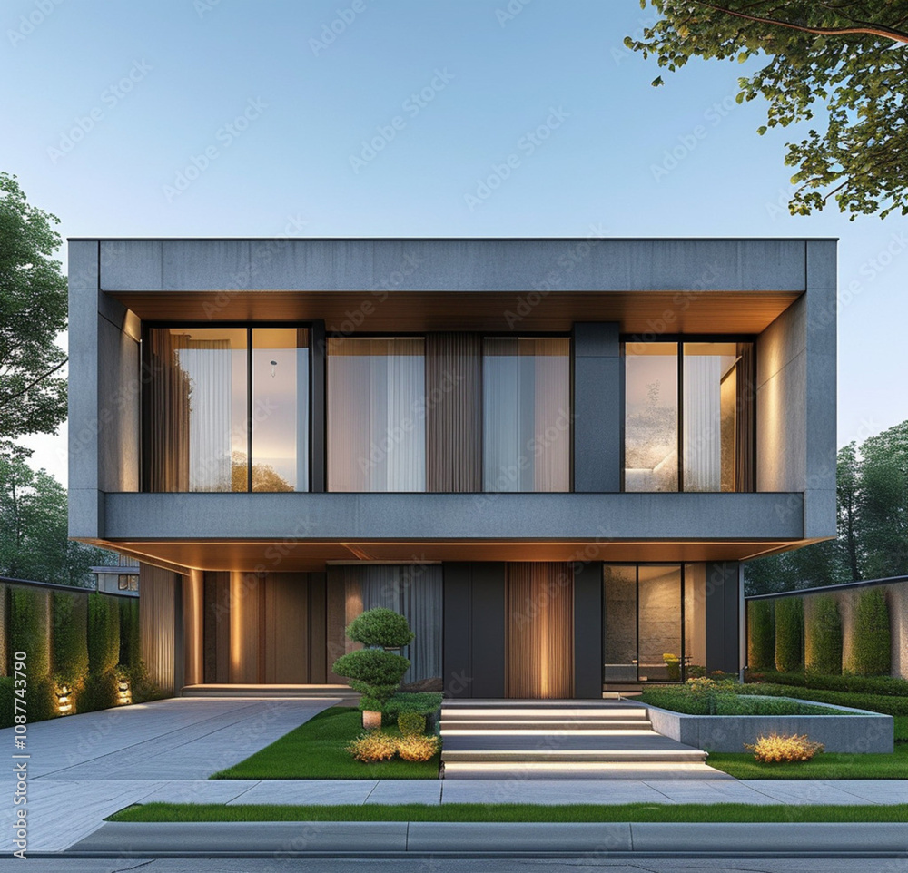 highly detailed 3D render of a modern house viewed from the front highly detailed 3D render of a modern house viewed from the front