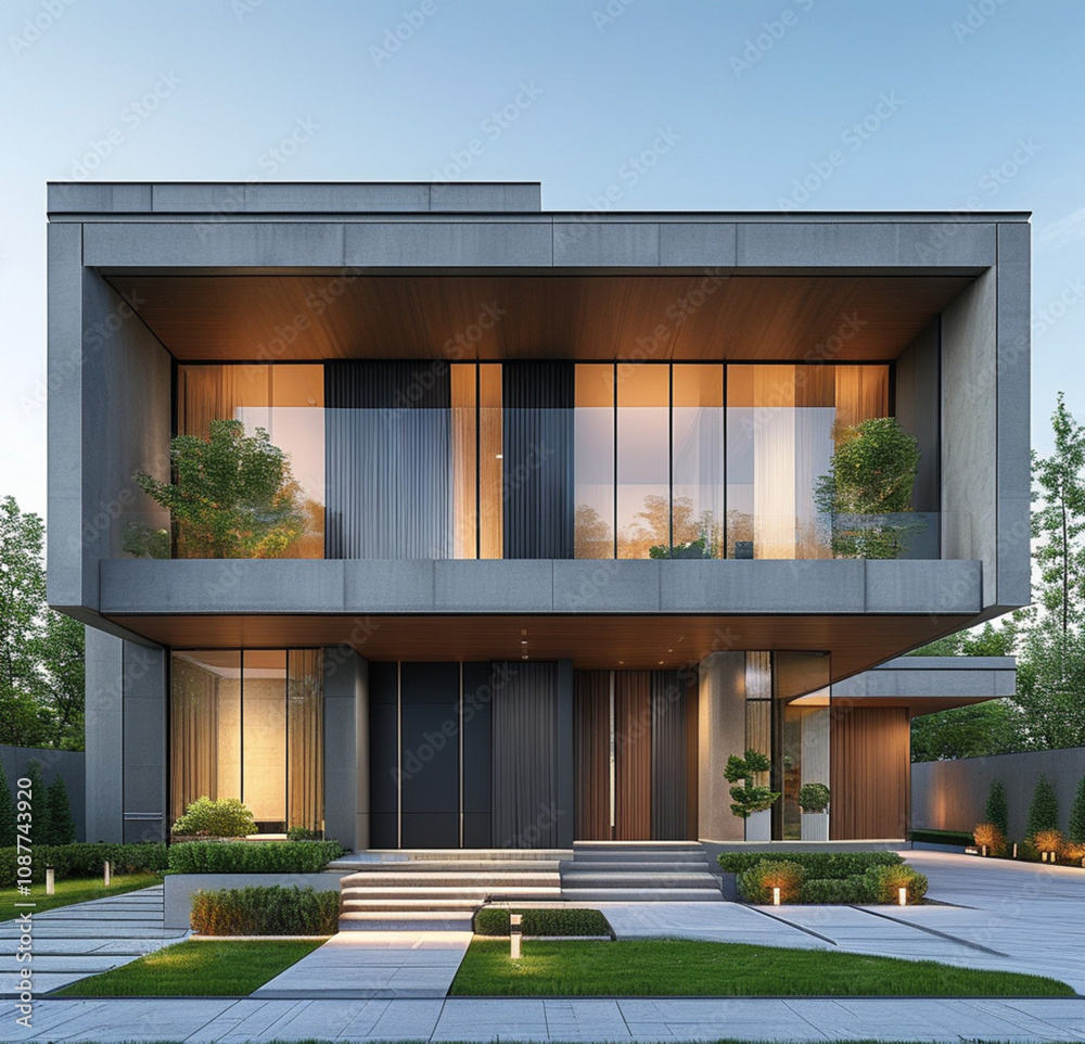 highly detailed 3D render of a modern house viewed from the front highly detailed 3D render of a modern house viewed from the front