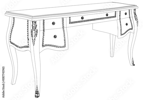 Dressing Table Line Vector Illustration.  Set of Different Views of Dressing Table with Detailed Design Elements, Ideal for Furniture Design and Interior Concepts