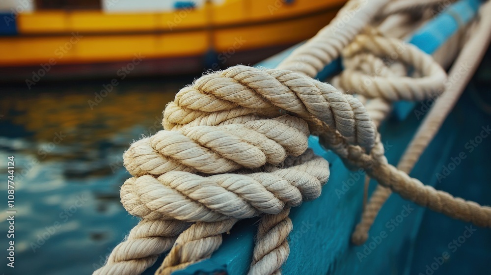 Close-up of a Rope Knot on a Blue Boat Deck Close-up of a Rope Knot on a Blue Boat Deck