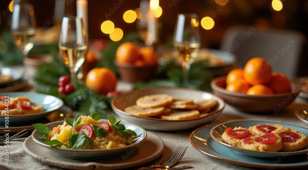 Festive table setting with plates of gourmet dishes, fresh oranges, sparkling wine glasses, and candles, creating a warm holiday ambiance Festive table setting with plates of gourmet dishes, fresh oranges, sparkling wine glasses, and candles, creating a warm holiday ambiance