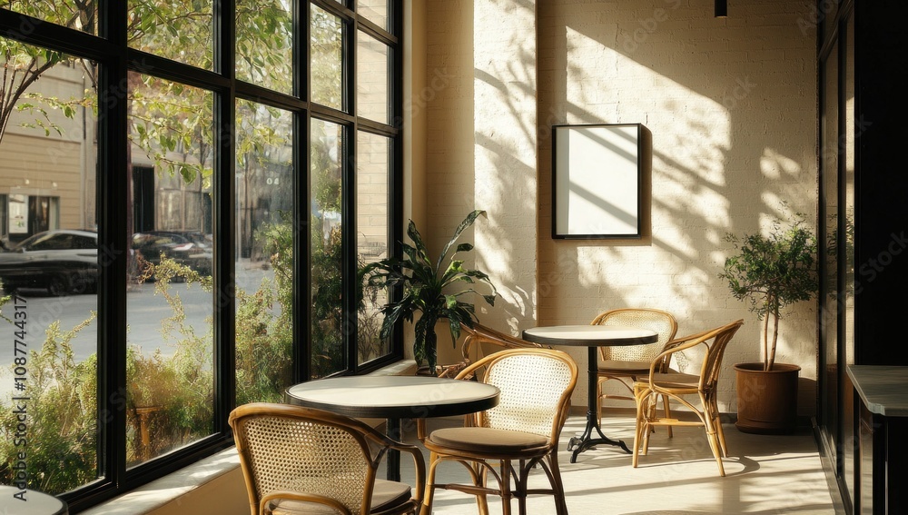 Sunny Cafe Interior with Wicker Chairs and Tables Sunny Cafe Interior with Wicker Chairs and Tables