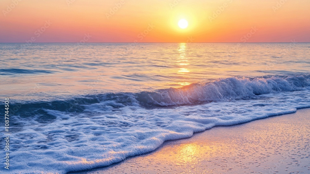 Fototapeta premium The sun sets over the ocean, casting a warm glow on the water as waves softly break on the sandy beach, creating a peaceful atmosphere. Generative AI
