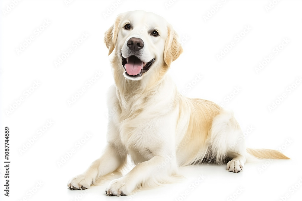Happy Golden Retriever Sitting on White Background, Showcasing Its Friendly Expression and Playful Nature, Perfect for Pet Lovers and Dog Enthusiasts Happy Golden Retriever Sitting on White Background, Showcasing Its Friendly Expression and Playful Nature, Perfect for Pet Lovers and Dog Enthusiasts