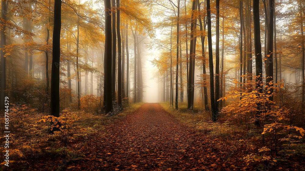Fototapeta premium Autumn forest path surrounded by tall trees and morning mist, golden leaves creating a warm, inviting atmosphere perfect for nature and seasonal themes
