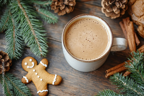 A mug of coffee next to a gingerbread cookie and pine branches on a rustic wooden surface, creating a cozy holiday scene.