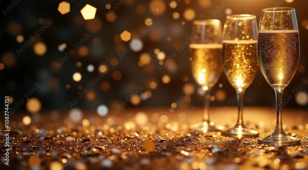 Champagne glasses with golden confetti and sparkling bubbles celebrating a festive occasion Champagne glasses with golden confetti and sparkling bubbles celebrating a festive occasion