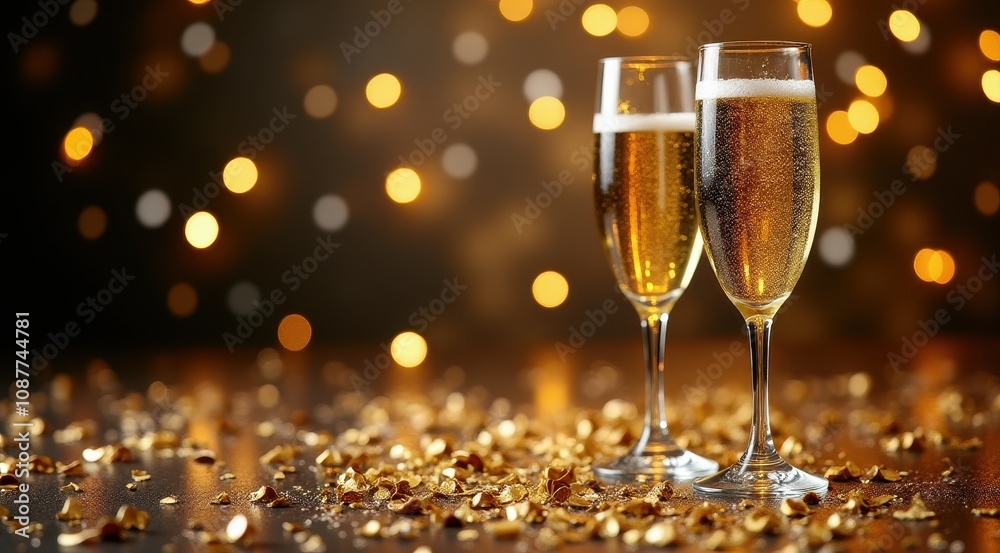 Champagne glasses with golden confetti and sparkling bubbles celebrating a festive occasion Champagne glasses with golden confetti and sparkling bubbles celebrating a festive occasion