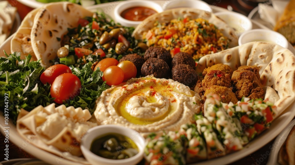 A mouthwatering platter of assorted Mediterranean mezze, including hummus A mouthwatering platter of assorted Mediterranean mezze, including hummus