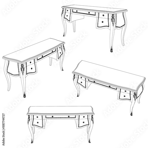Dressing Table Line Vector Illustration.  Set of Different Views of Dressing Table with Detailed Design Elements, Ideal for Furniture Design and Interior Concepts