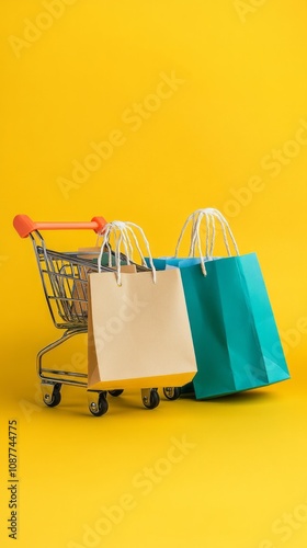 small paper shopping bags with shopping cart on yellow background