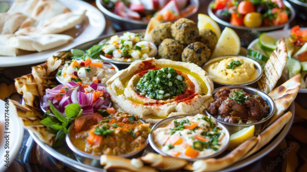 A mouthwatering platter of assorted Mediterranean mezze, including hummus A mouthwatering platter of assorted Mediterranean mezze, including hummus