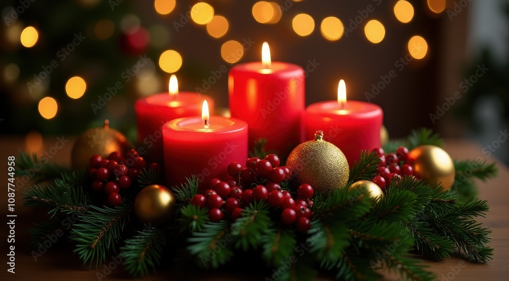 Red Christmas candles surrounded by festive greenery and berries for a warm holiday feel Red Christmas candles surrounded by festive greenery and berries for a warm holiday feel