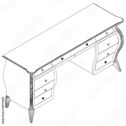Dressing Table Line Vector Illustration.  Set of Different Views of Dressing Table with Detailed Design Elements, Ideal for Furniture Design and Interior Concepts