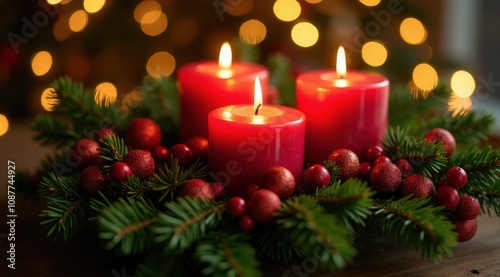 Red Christmas candles surrounded by festive greenery and berries for a warm holiday feel