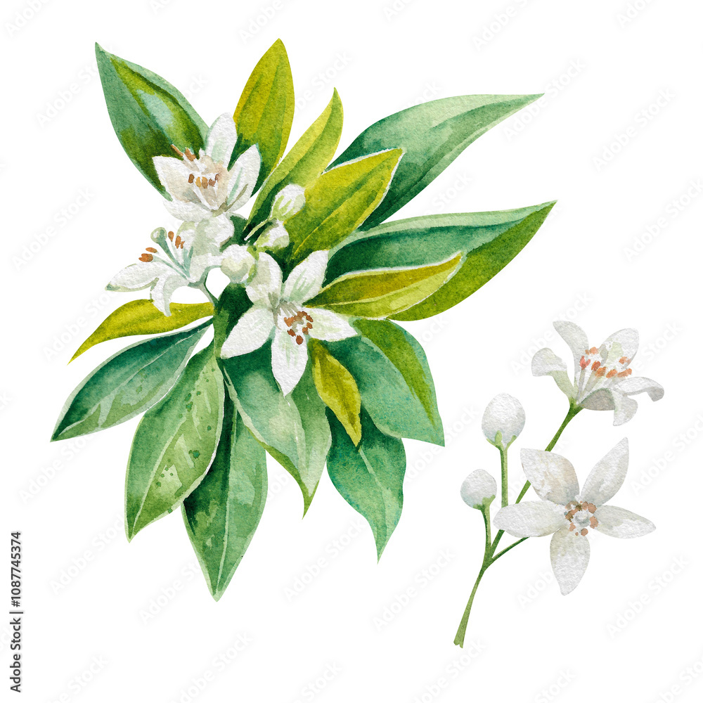 Branch of citrus tree with fresh green leaves and white flowers hand drawn watercolor illustration Branch of citrus tree with fresh green leaves and white flowers hand drawn watercolor illustration
