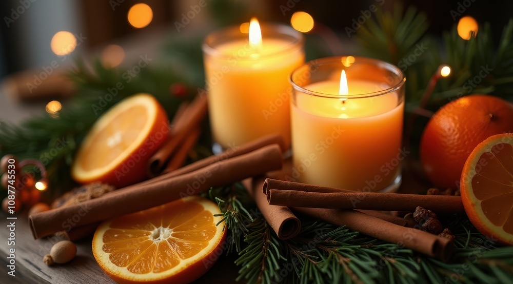 Warm candlelight glows alongside fresh oranges, cinnamon sticks, and evergreen sprigs, creating a cozy and inviting holiday ambiance Warm candlelight glows alongside fresh oranges, cinnamon sticks, and evergreen sprigs, creating a cozy and inviting holiday ambiance
