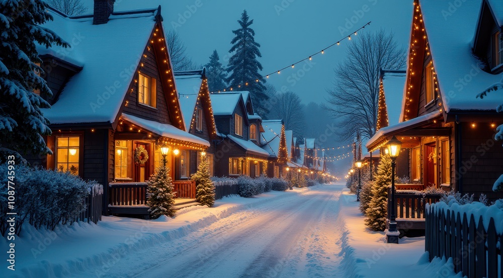 Fototapeta premium A picturesque village street adorned with glowing holiday lights and snow-covered rooftops, creating a festive atmosphere