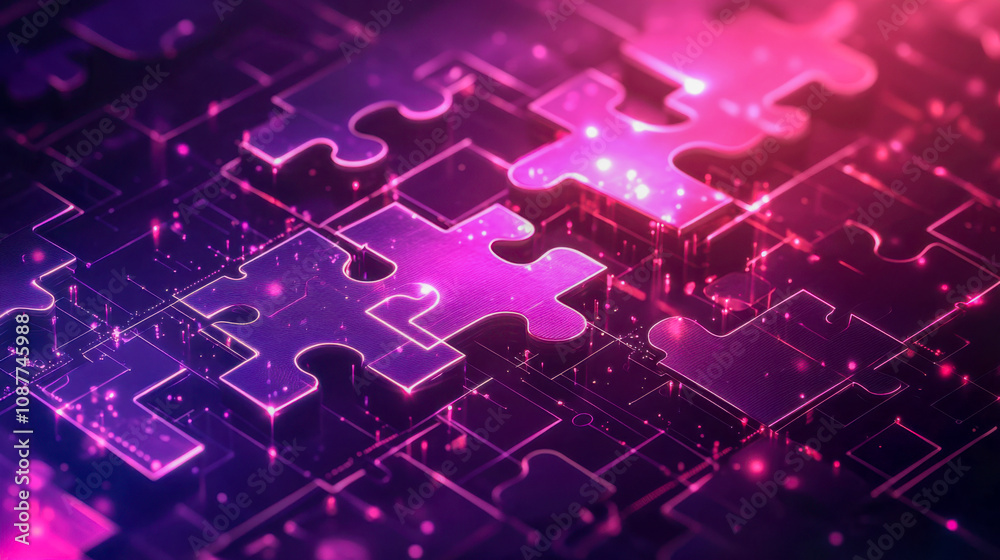 Abstract glowing puzzle pieces with a futuristic digital theme and neon lights Abstract glowing puzzle pieces with a futuristic digital theme and neon lights