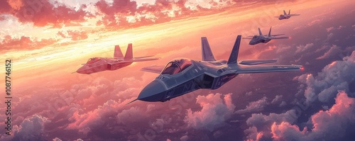 F-20 fighter jets soaring gracefully in artistic sunset illustration photo