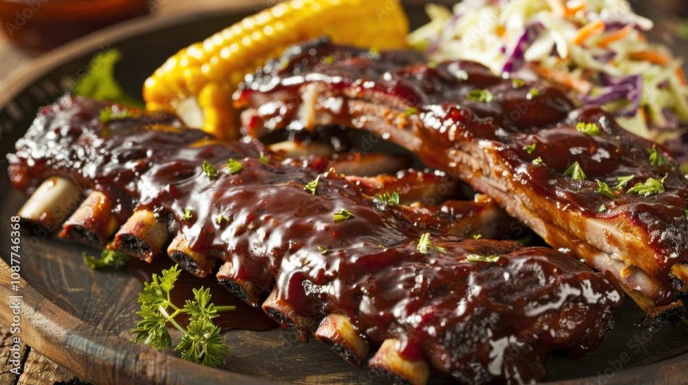 A mouthwatering platter of barbecue ribs with sticky sauce, served with corn on the cob and coleslaw A mouthwatering platter of barbecue ribs with sticky sauce, served with corn on the cob and coleslaw
