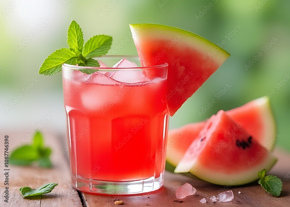 Watermelon juice is served chilled in a glass with a refreshing slice of melon and some sprigs of fresh mint on top. Watermelon juice is served chilled in a glass with a refreshing slice of melon and some sprigs of fresh mint on top.