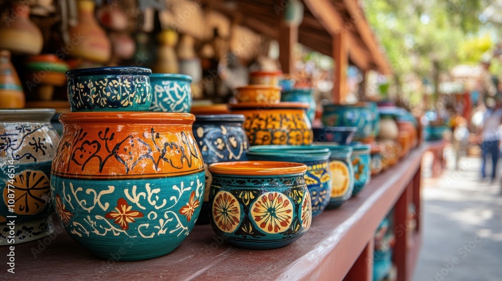 Colorful pottery and handcrafted items displayed at a vibrant local market, showcasing craftsmanship and culture. Colorful pottery and handcrafted items displayed at a vibrant local market, showcasing craftsmanship and culture.