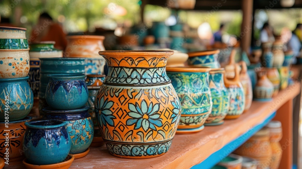 Colorful pottery and handcrafted items displayed at a vibrant local market, showcasing craftsmanship and culture. Colorful pottery and handcrafted items displayed at a vibrant local market, showcasing craftsmanship and culture.