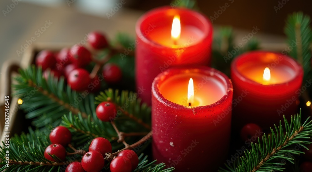 Red Christmas candles surrounded by festive greenery and berries for a warm holiday feel Red Christmas candles surrounded by festive greenery and berries for a warm holiday feel