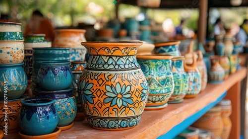 Colorful pottery and handcrafted items displayed at a vibrant local market, showcasing craftsmanship and culture.