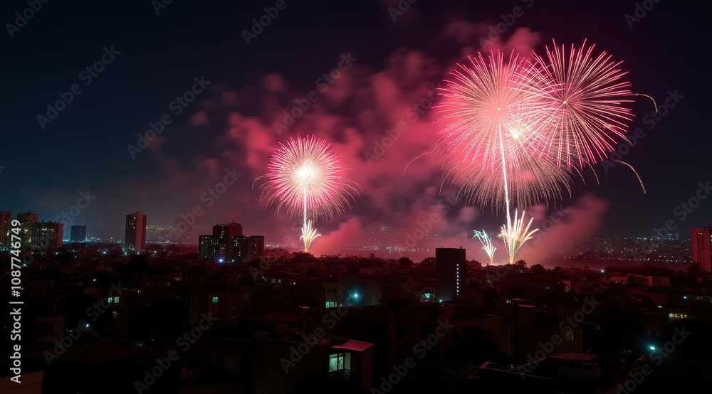 Vibrant red fireworks lighting up a night city skyline during new year celebrations Vibrant red fireworks lighting up a night city skyline during new year celebrations