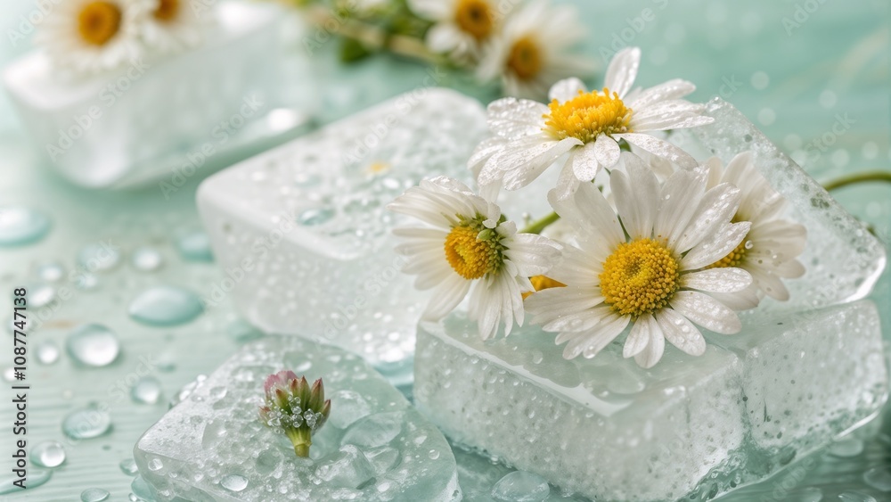 Chamomile flowers frozen in ice with water drops Chamomile flowers frozen in ice with water drops