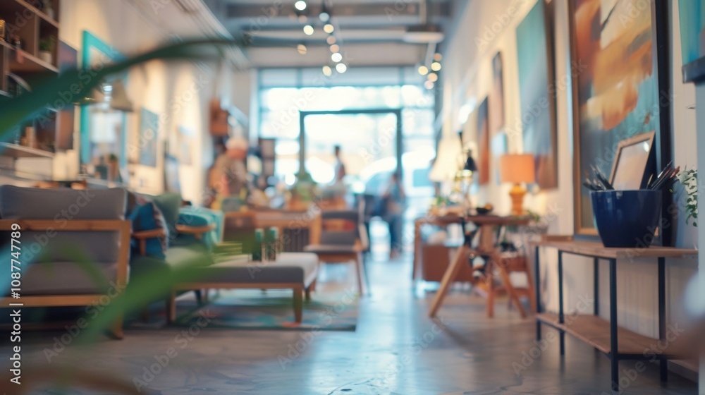Defocused image of a bustling studio open house with artwork on display. Defocused image of a bustling studio open house with artwork on display.