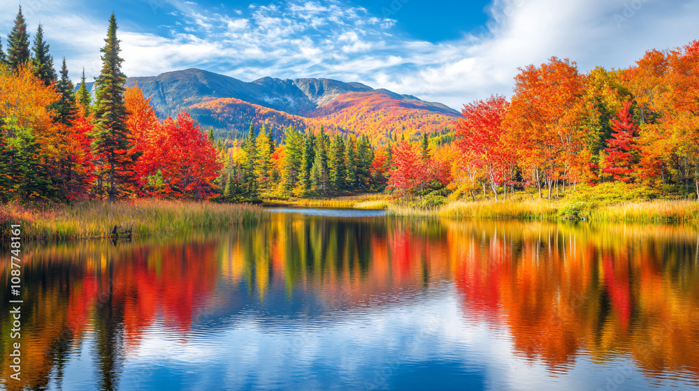 Obraz premium Autumn hills with colorful foliage reflected in a calm lake