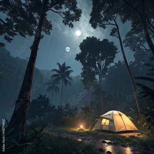 A glowing tent in a rainy forest under a full moon, surrounded by tall trees, with a campfire casting warm light amidst the tranquil night.