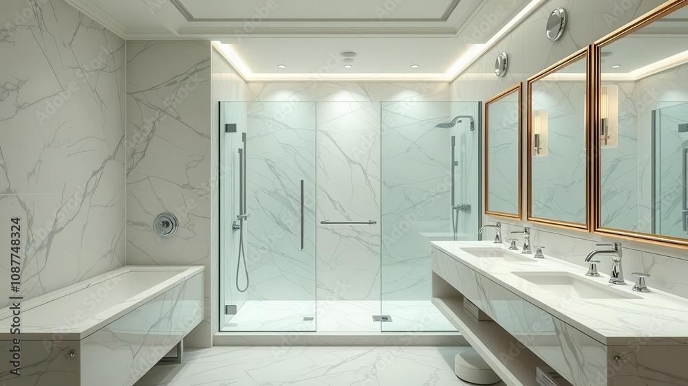 A luxurious bathroom with a glass-enclosed shower, marble countertops, and elegant fixtures, stylish, cleanliness A luxurious bathroom with a glass-enclosed shower, marble countertops, and elegant fixtures, stylish, cleanliness