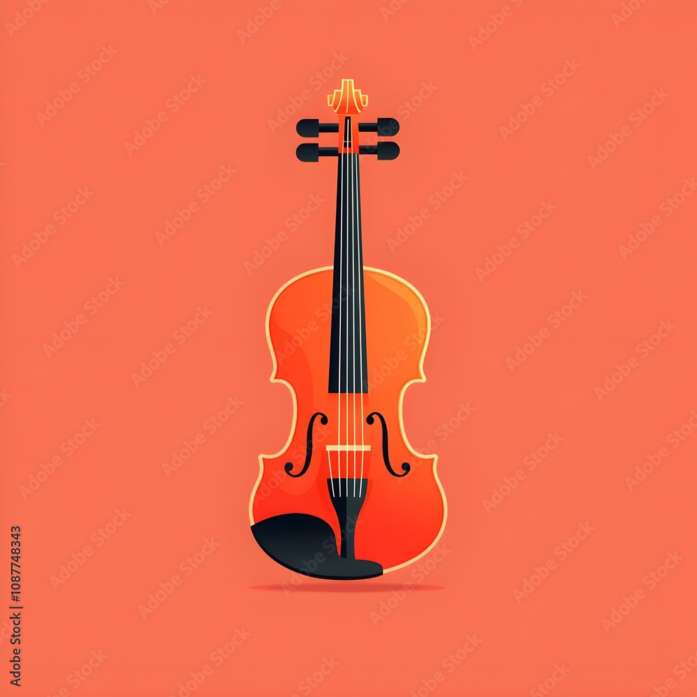 Fototapeta premium Cute cartoon violin, flat style illustration, simple details, simple background, vector graphics, symmetrical composition, flat design, bright colors, warm tones, cute shape, musical instrument icon, 