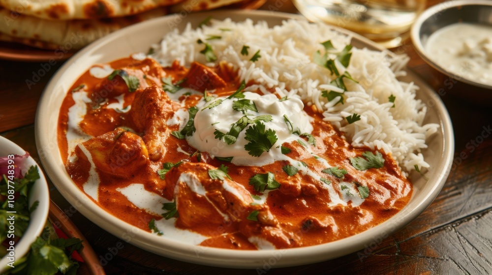 A mouthwatering platter of Indian butter chicken (murgh makhani) served with fragrant basmati rice and garlic naan, Butter chicken platter centered A mouthwatering platter of Indian butter chicken (murgh makhani) served with fragrant basmati rice and garlic naan, Butter chicken platter centered