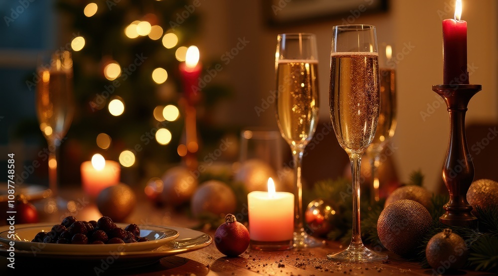 Festive holiday dinner table with champagne flutes, candles, and ornaments, creating a warm and inviting atmosphere with soft bokeh lights in the background Festive holiday dinner table with champagne flutes, candles, and ornaments, creating a warm and inviting atmosphere with soft bokeh lights in the background