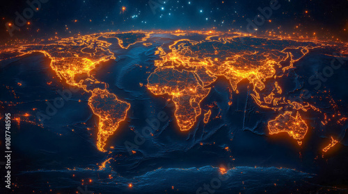 A glowing digital world map with vibrant orange outlines highlighting continents, symbolizing global connectivity and technology