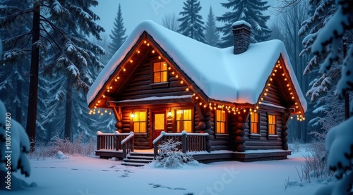 Cozy cabin in the snow with glowing lights and warm holiday decorations on a winter night