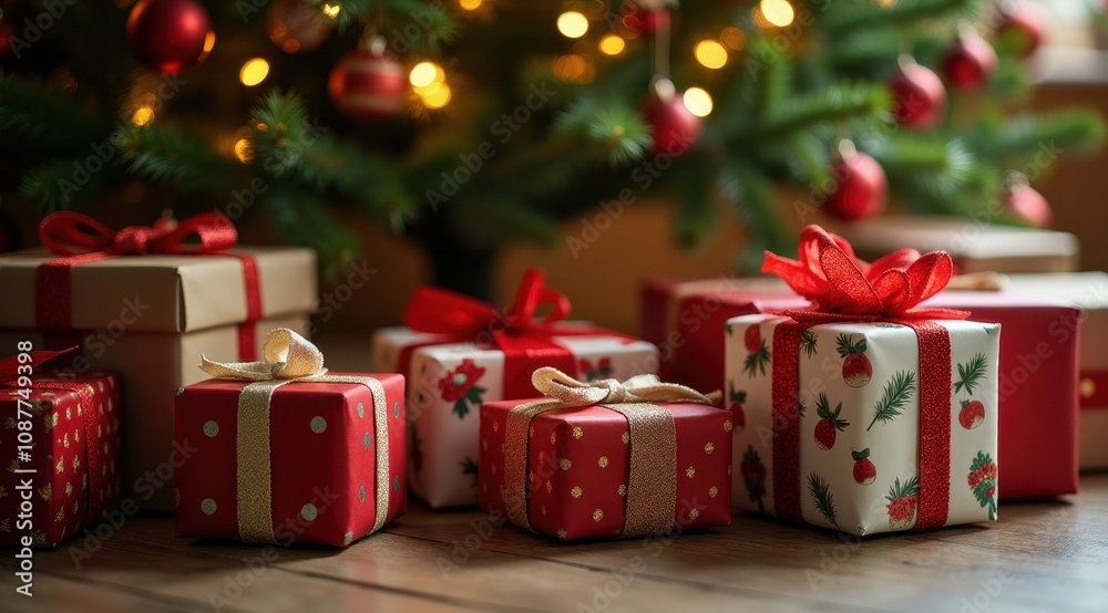 Festive Christmas gifts wrapped in red and white paper with ribbons are beautifully arranged under a decorated Christmas tree with glowing lights Festive Christmas gifts wrapped in red and white paper with ribbons are beautifully arranged under a decorated Christmas tree with glowing lights