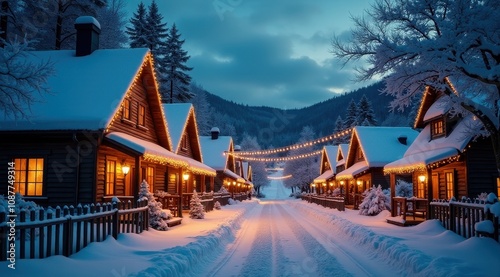 A picturesque village street adorned with glowing holiday lights and snow-covered rooftops, creating a festive atmosphere