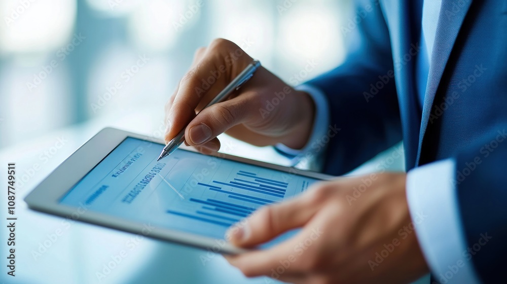 A person analyzing data on a tablet with a pen in a professional setting. A person analyzing data on a tablet with a pen in a professional setting.