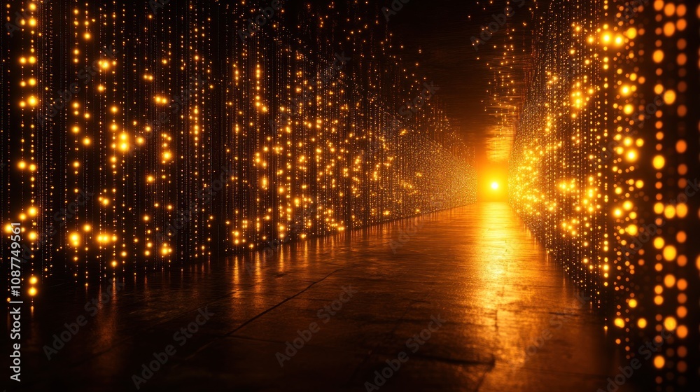 A glowing pathway illuminated by golden lights. A glowing pathway illuminated by golden lights.