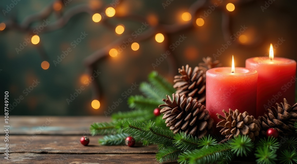 Red Christmas candles surrounded by festive greenery and berries for a warm holiday feel Red Christmas candles surrounded by festive greenery and berries for a warm holiday feel