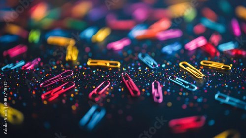 Colorful paperclips scattered on dark surface with vibrant confetti specks