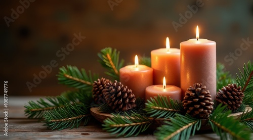 Red Christmas candles surrounded by festive greenery and berries for a warm holiday feel